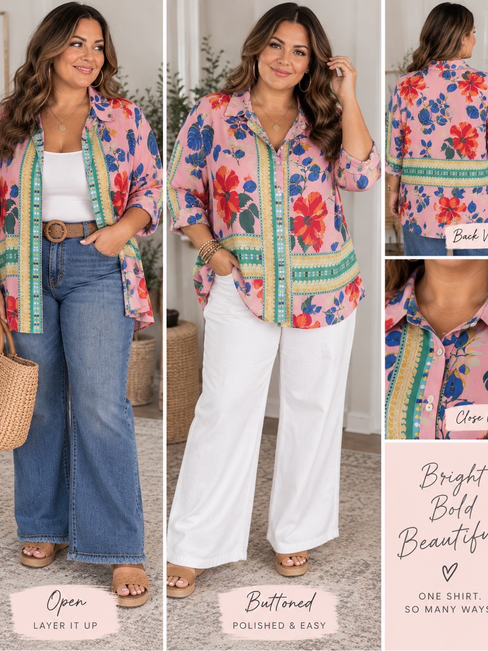 Rose & Olive Pink Floral Button-Front Shirt with Blue and Green Accents